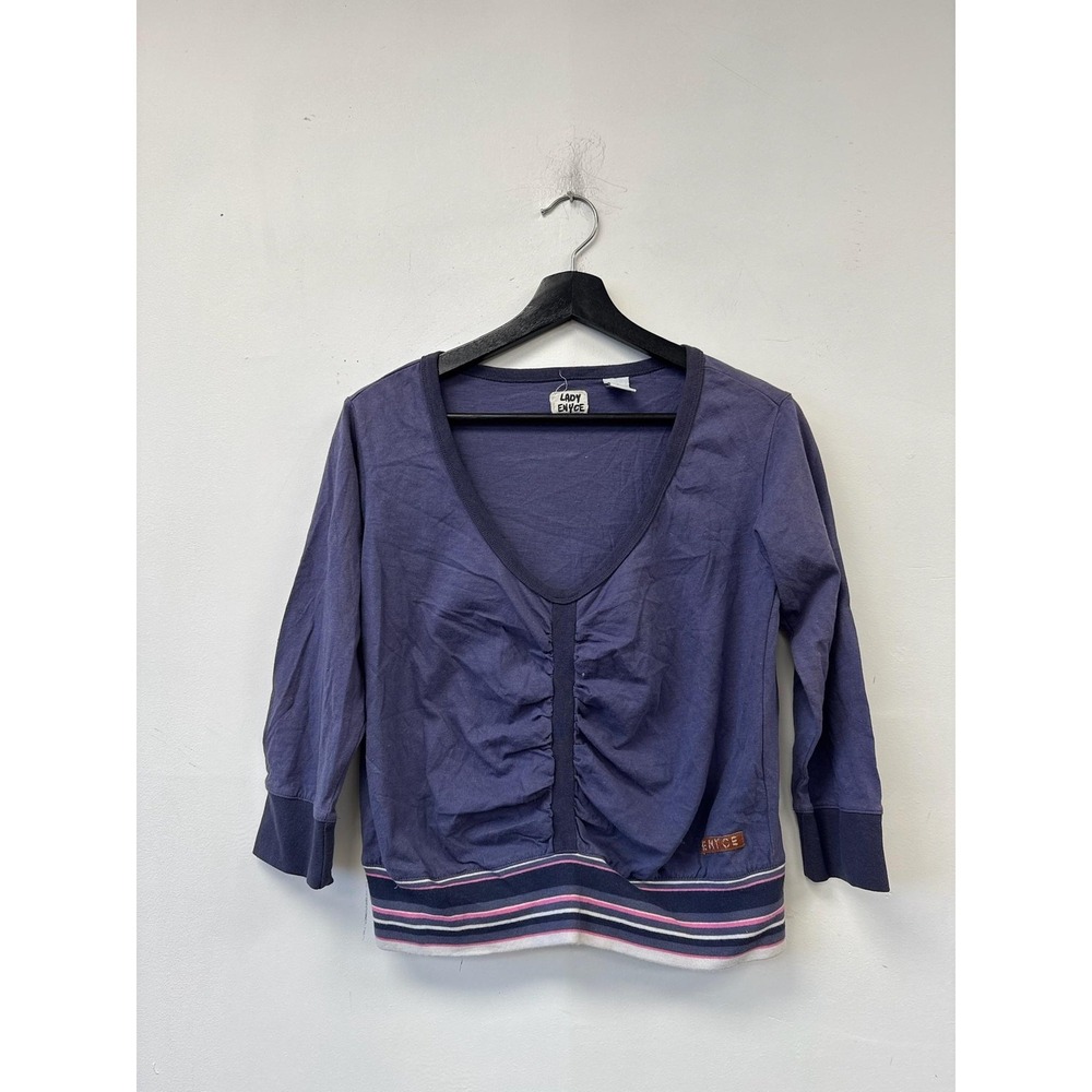 VTG Lady Enyce Shirt‎ Womens Medium Purple Ruched V Neck Striped Hem Y2K